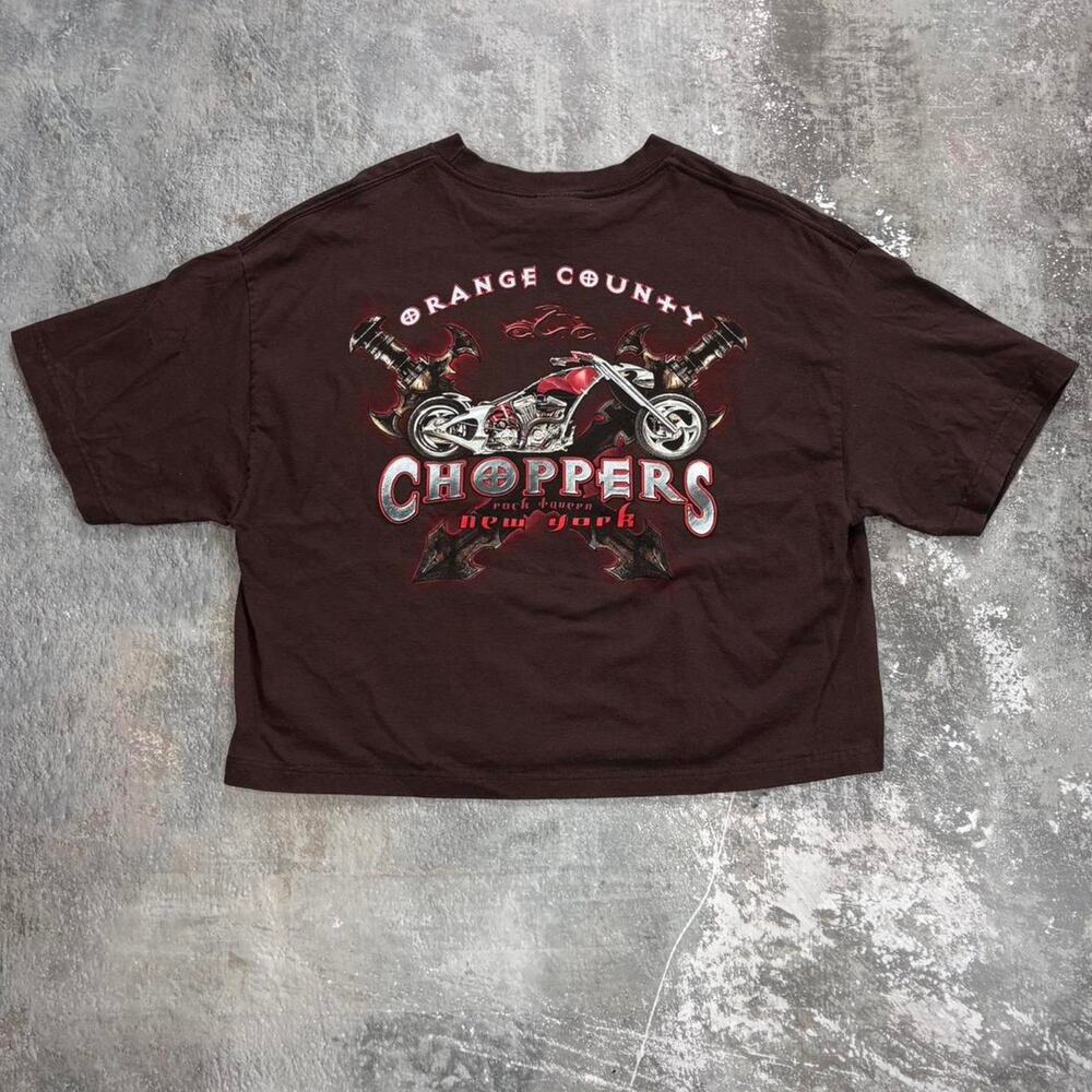 Y2K Brown Orange County Choppers T Shirt! Biker Boxy & Cropped. Size XL